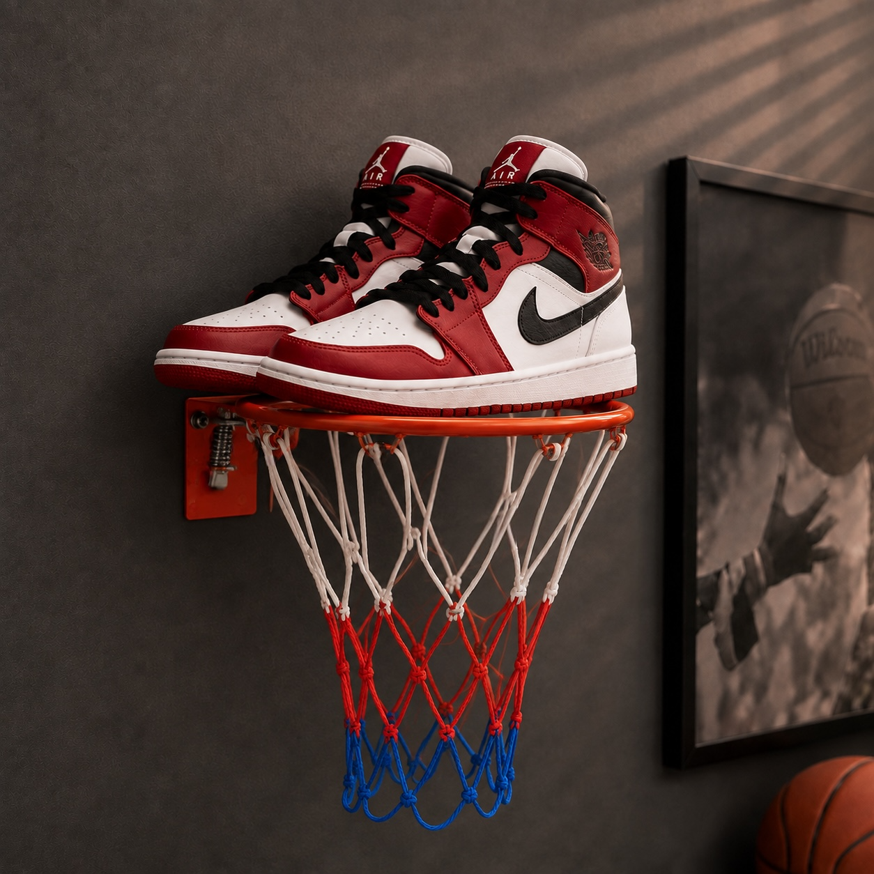 Breakaway Rim Sneaker Holder – Basketballkurv til sneakers Breakaway Sneaker Organizer – Basketballkurv til sneakers Giv dine fedeste basketballsko og sneakers den plads, de fortjener. En helt ny måde at udstille din sneakers på. Denne Breakaway Rim Sneaker Organizer er en cool mini basketballkurv, der forvandler dine yndlings sneakers til en del af indretningen i hjemmet på en cool og anderledes måde. Kurven måler 23 cm i diameter og har en kraftig fjeder samt et klassisk amerikansk basketballnet i NBA look. Kurven monteres nemt og sikkert på væggen og fungerer som en smart holder til både basketballsko og sneakers. Derfor skal du vælge denne model: Cool og anderledes opbevaring af sneakers og basketballsko Gør dine sko til en del af indretningen i hjemmet på en fed måde 1 stk Mini basketkurv samt net i amerikansk NBA look Nem montering på væggen med skruer ( Skruer medfølger ikke i pakken ) Perfekt til sneaker samlere og basketballfans Velegnet til værelset, kontoret, showroomet eller butikken